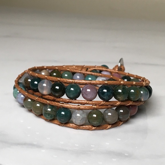 Francesca’s Jade Bead Leather Wrap Bracelet - Picture 7 of 9